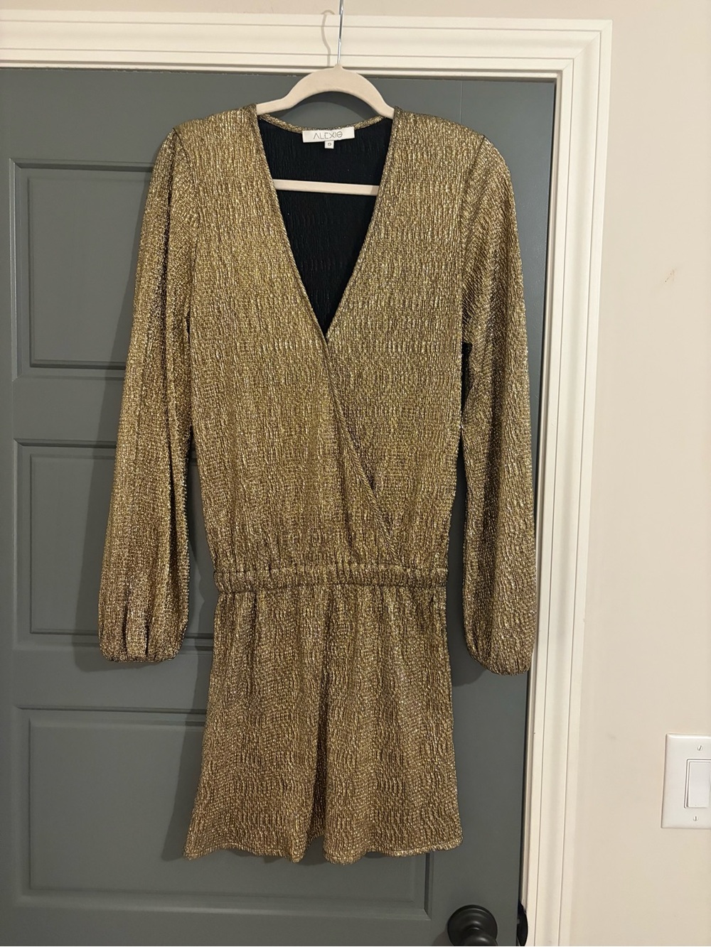 Alexis Gold Metallic Long Sleeve Surplice Mini Dress XS